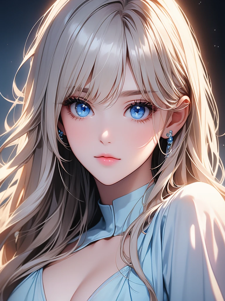 Beautiful white and shining skin、Blonde hair color that changes depending on the light、Long bangs between the eyes obstruct vision、Shiny highlights on cheeks、Sexy and very beautiful lovely cute gorgeous face、the most beautiful face in the world、Super long gorgeous spare blonde hair、smooth straight hair、big breasts, Huge, bright, light blue eyes、beautiful bangs、beautiful cute girl.small face beauty、cheek gloss highlight