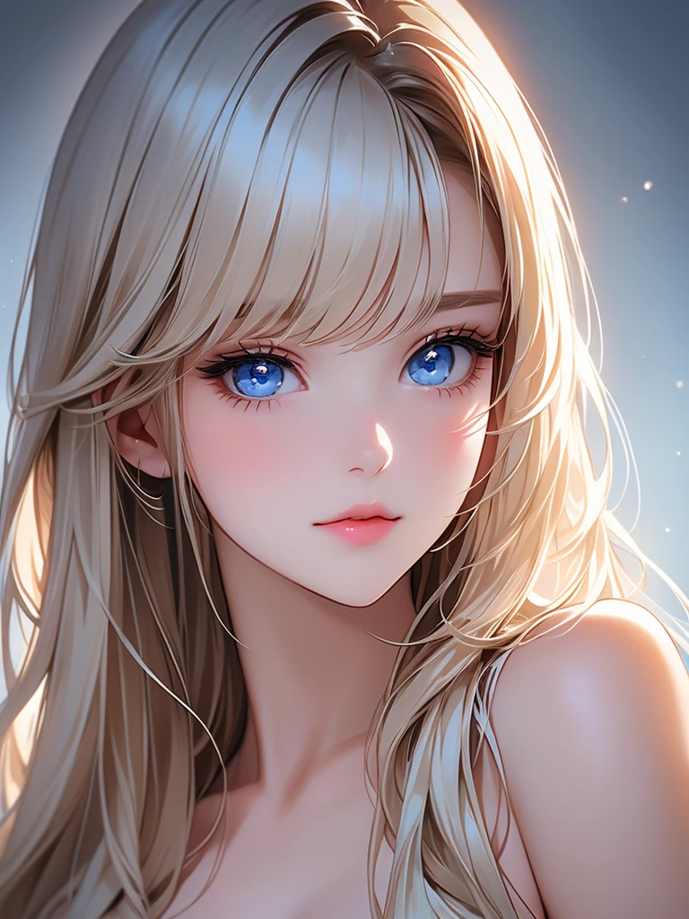 Beautiful white and shining skin、Blonde hair color that changes depending on the light、Long bangs between the eyes obstruct vision、Shiny highlights on cheeks、Sexy and very beautiful lovely cute gorgeous face、the most beautiful face in the world、Super long gorgeous spare blonde hair、smooth straight hair、big breasts, Huge, bright, light blue eyes、beautiful bangs、beautiful cute girl.small face beauty、cheek gloss highlight