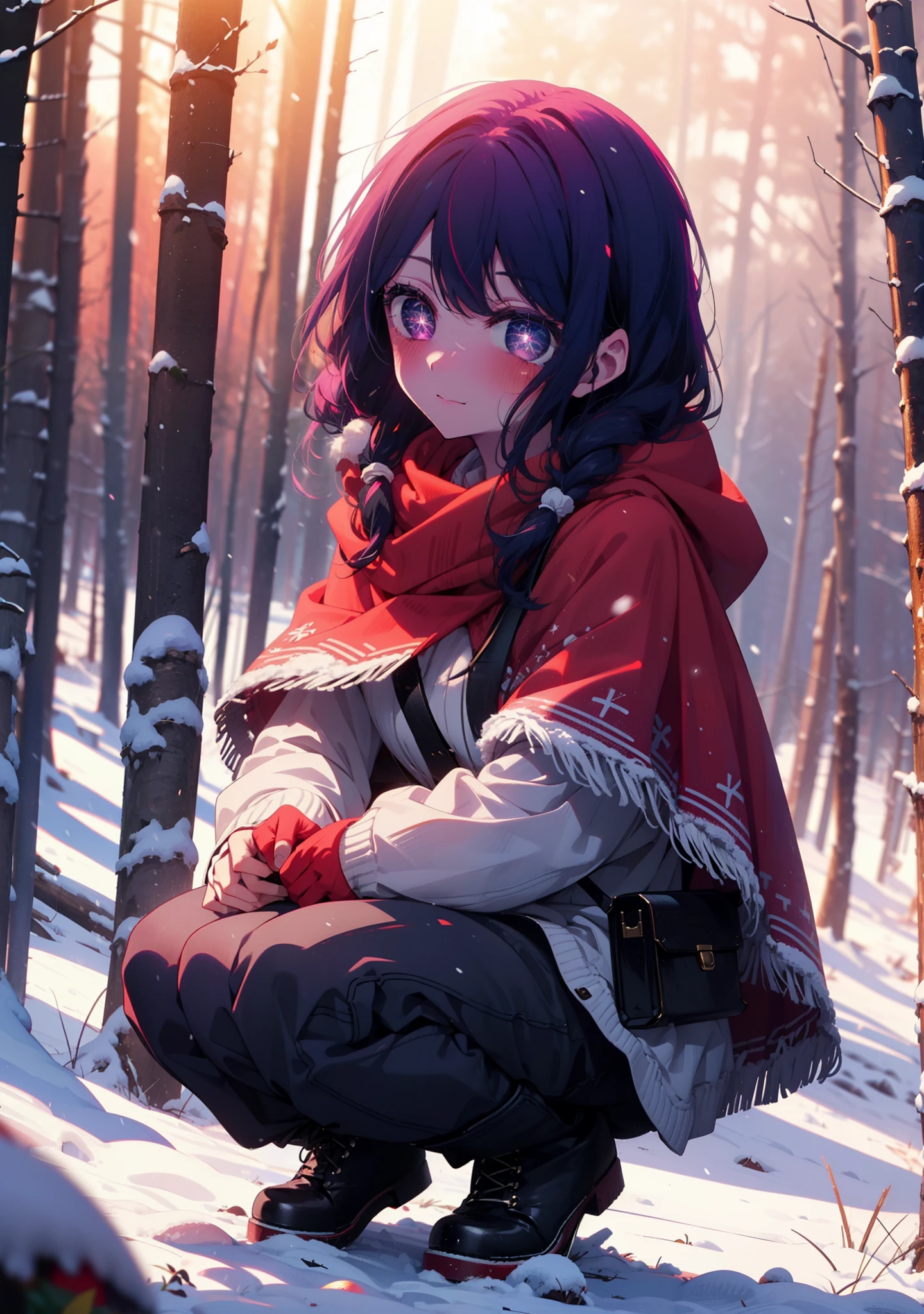 aihoshino, Ai Hoshino, Long Hair, bangs, (Purple eyes:1.1), Purple Hair, (Symbol-shaped pupil:1.5), smile,,smile,blush,white breath,
Open your mouth,snow,Ground bonfire, Outdoor, boots, snowing, From the side, wood, suitcase, Cape, Blurred, , forest, White handbag, nature, Squat, Mouth closed, Cape, winter, Written boundary depth, Black shoes, red Cape break looking at viewer, Upper Body, whole body, break Outdoor, forest, nature, break (masterpiece:1.2), Highest quality, High resolution, unity 8k wallpaper, (shape:0.8), (Beautiful and beautiful eyes:1.6), Highly detailed face, Perfect lighting, Extremely detailed CG, (Perfect hands, Perfect Anatomy),