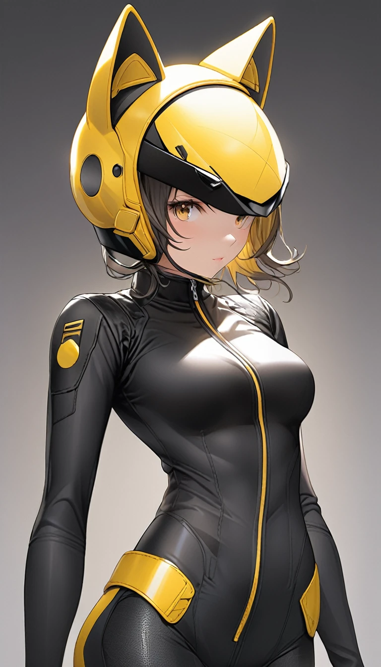 woman in a black zip-up tight biker suit, great proportions, yellow full-face helmet with cat ears and black shield, face not visible, 2.5D, delicate and dynamic