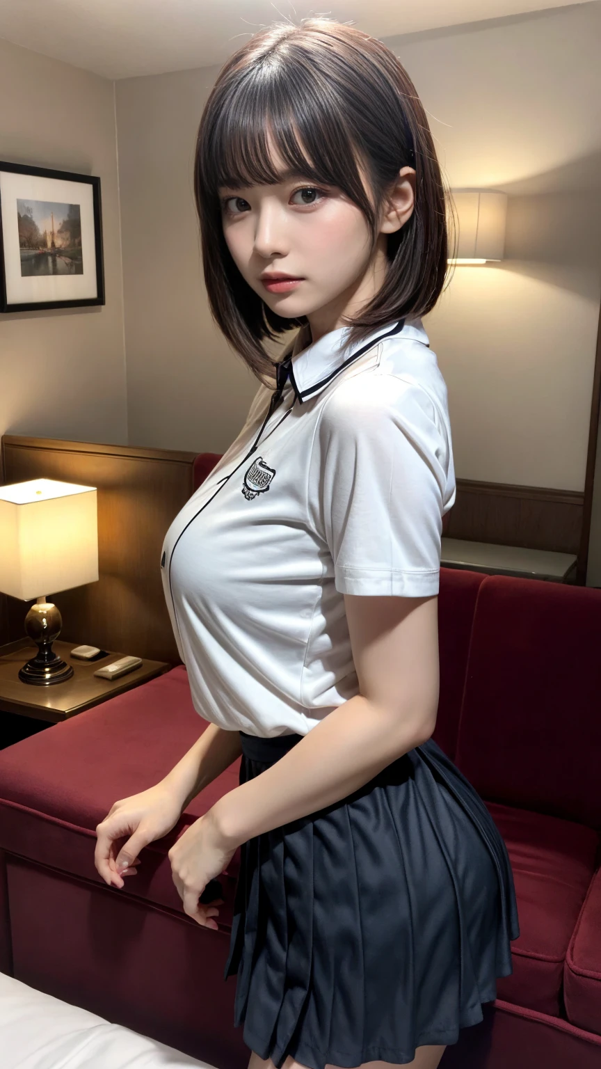 masterpiece, best quality, illustration, Super detailed, fine details, High resolution, 8K,wall paper, perfect dynamic composition,(Details High quality, realistic depiction of eyes:1.3), from side, standing, (collared shirt:1.1), pleated skirt, short bob hair、black hair color, Big Natural Color Lip, bold sexy pose, crying a little、cold gaze, Harajuku style、acrobatic pose, 20 year old girl、cute type、lolita、beautiful legs, hotel room, gravure idol, Voluptuous thighs, large breasts