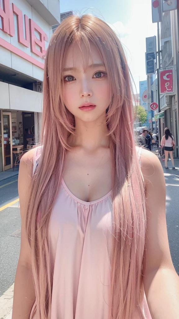 hair color: pink　model　woman　Long Hair　Sleeveless　pink clothes　diagonal　Selfie　diagonal上　Selfie　summer　highest quality, masterpiece))), High resolution, Very detailed, masterpiece, Cinema Lighting, (8k, highest quality, masterpiece: 1.2), (Realistic, photoRealistic: 1.37) High Resolution, Super detailed, 1 girl、32 years old、Street Snap、Big black eyes