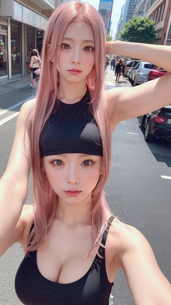 hair color: pink　model　woman　Long Hair　Sleeveless　pink clothes　diagonal　Selfie　diagonal上　Selfie　summer　highest quality, masterpiece))), High resolution, Very detailed, masterpiece, Cinema Lighting, (8k, highest quality, masterpiece: 1.2), (Realistic, photoRealistic: 1.37) High Resolution, Super detailed, 1 girl、32 years old、Street Snap、Big black eyes