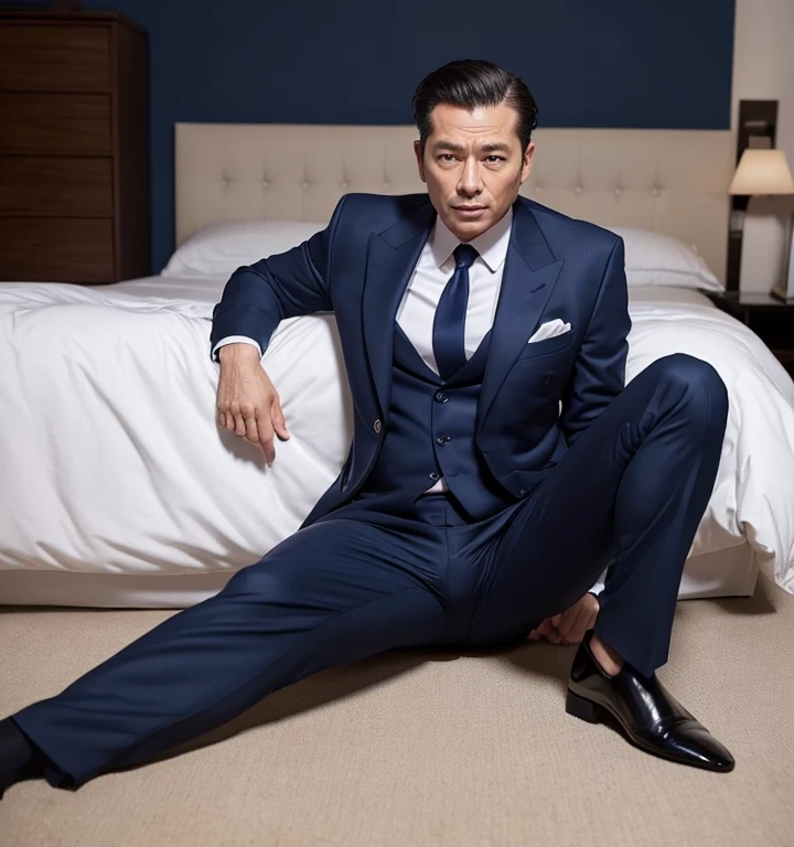 50 years old,One Man,Navy blue suit,mafia、Bedroom,legs wide open,Boss sitting、The crotch area of the pants is bulging,logic,Gay ,Very short slicked back hair,Stubble,Asian Faces,Awkward Dad,chest hair。Scream。looking at the camera。