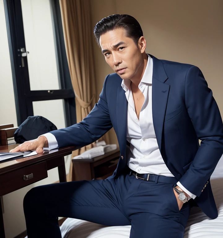 50 years old,One Man,Navy blue suit,mafia、Bedroom,legs wide open,Boss sitting、The crotch area of the pants is bulging,logic,Gay ,Very short slicked back hair,Stubble,Asian Faces,Awkward Dad,chest hair。Scream。looking at the camera。