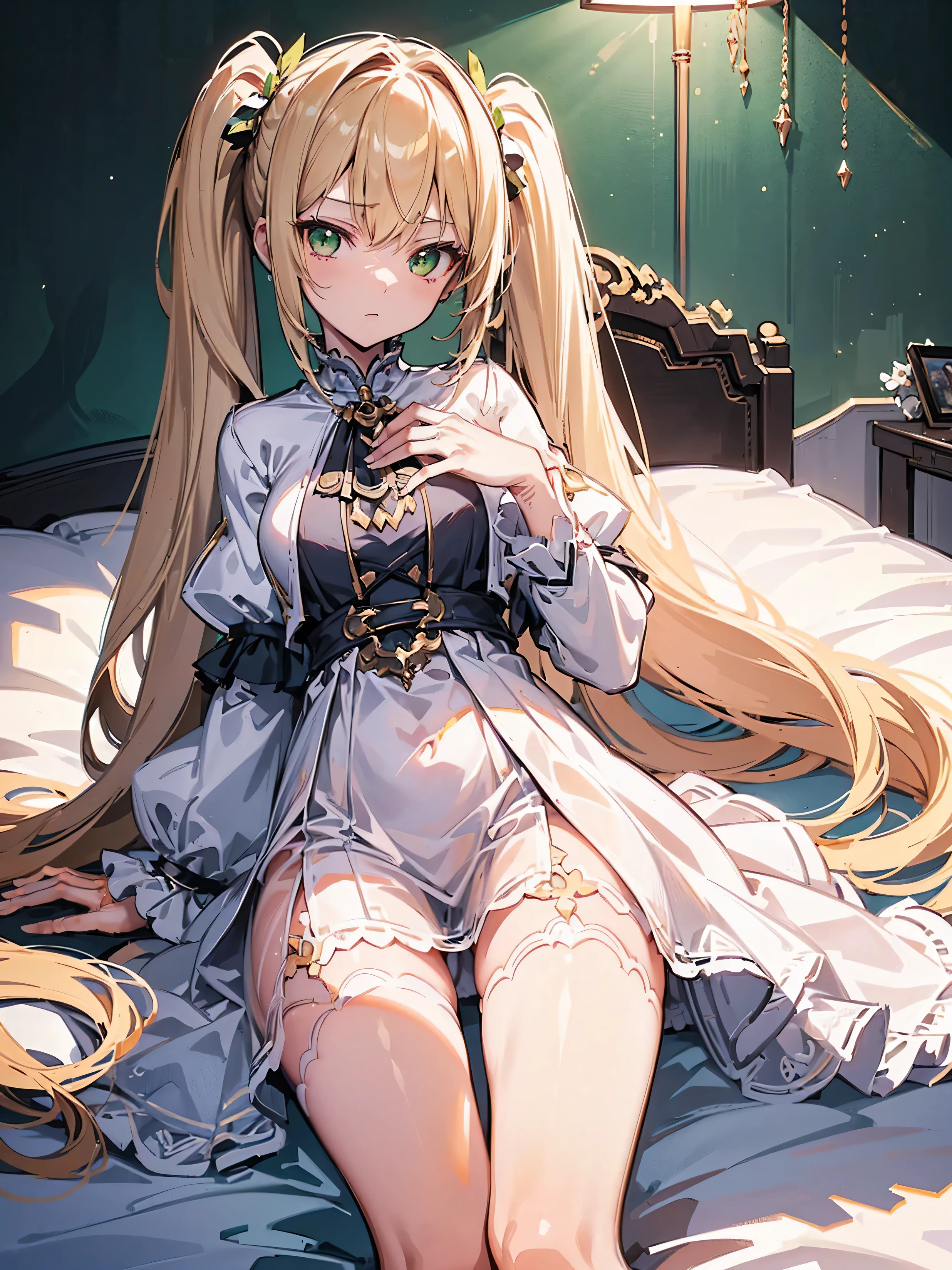 ((masutepiece+Best Quality+High resolution+Illustration 1.3+Ultra-8k)), 1girl in, ((Detailed body)) ((alluring face)) ((long snout)) ((Long facial structure)) (Sharp eyes) ((green Eyes)) ,Soft skin, Indoor, laying on the bed, Looking at Viewer, Detailed body, long white hair, twintails, Detailed eyes, ((detailed shadow)), Lighting, Detailed, Focus, Hand Detail Night Light,Beautiful and perfect legs, Clean and perfect hands (hands between legs), sleep dress, (translucent white stocking), 15 years old