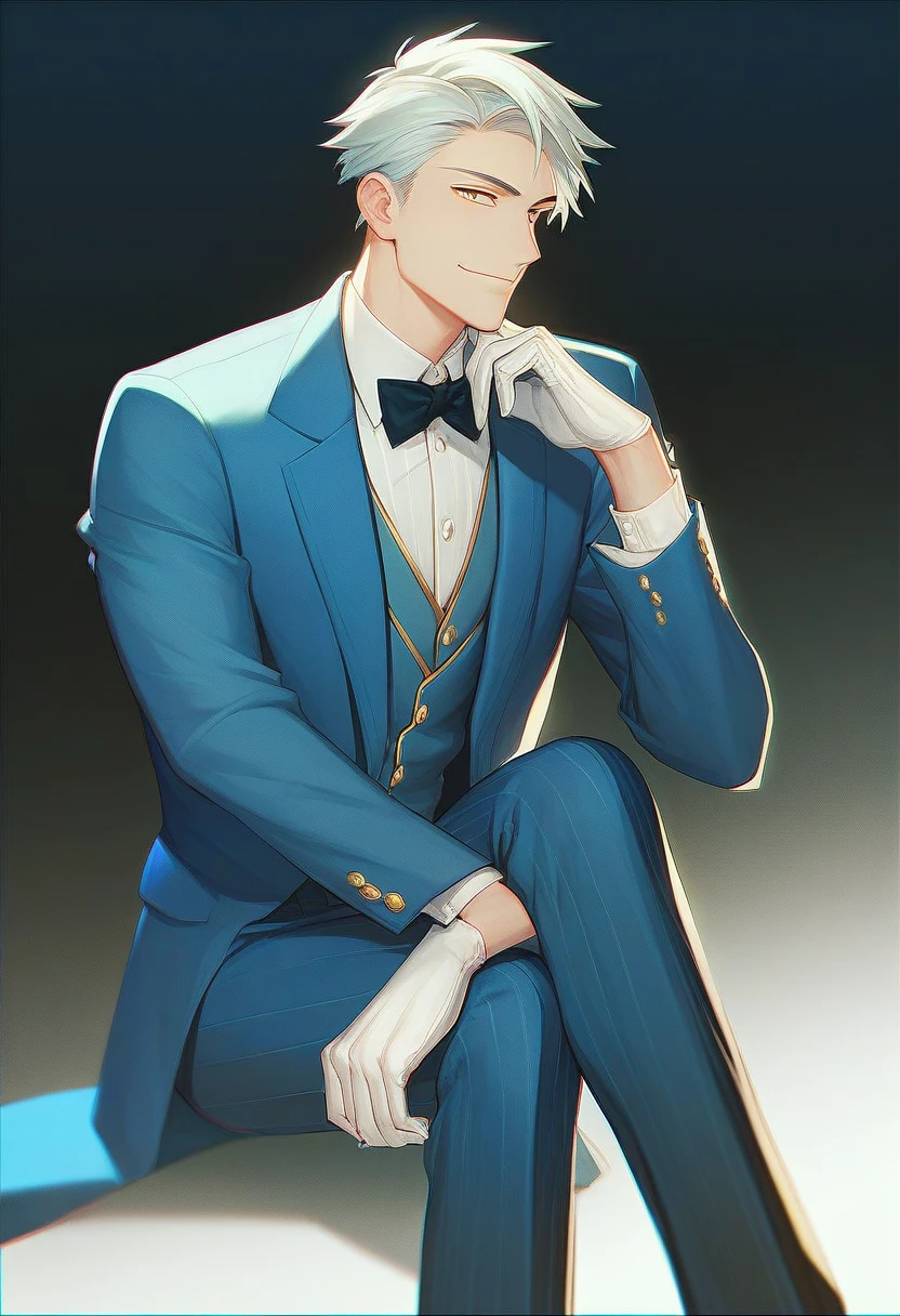 Man with blond hair has his legs crossed, his white hands crossed on his legs, mysterious smile, master of psychology, wearing suit, elegant, modest look, elegant scum, black background, japanese comics--ar9:16--niji5-