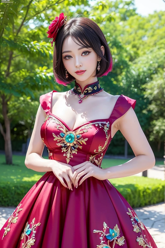 (masterpiece:1.4), (best quality:1.4), ultra high res, ultra high resolution, ((detailed facial features)), HDR, (realistic, photorealistic, photo-realistic:1.37), full body Esbian, sexy Japanese model, (-anime), vivid colors, ((vivid colors multicolor (red, fuchsia) very short hair)), (happy smile), lip-gloss, long lashes, beautiful makeup, defined eyebrows, wearing large sparkling colorful jewelery, wearing a red silk Paradise Kiss cosplay dress with black floral embroidery, ((vivid colors outfit)), vivid colors, look at the camera, cinematic light, large park background with trees, sweet and sexy pose