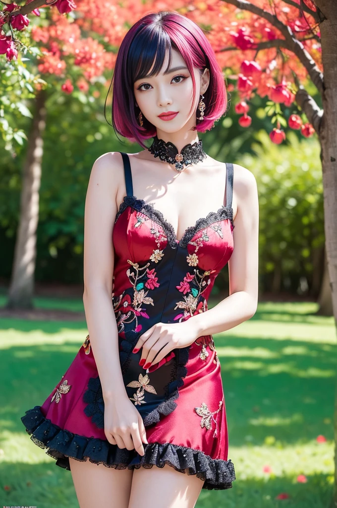 (masterpiece:1.4), (best quality:1.4), ultra high res, ultra high resolution, ((detailed facial features)), HDR, (realistic, photorealistic, photo-realistic:1.37), full body Esbian, sexy Japanese model, (-anime), vivid colors, ((vivid colors multicolor (red, fuchsia) very short hair)), (happy smile), lip-gloss, long lashes, ultra detailed metallic makeup, defined eyebrows, wearing large sparkling colorful jewelery, wearing a red silk Paradise Kiss cosplay dress with black floral embroidery, ((vivid colors outfit)), vivid colors, look at the camera, cinematic light, large park background with trees, sweet and sexy pose