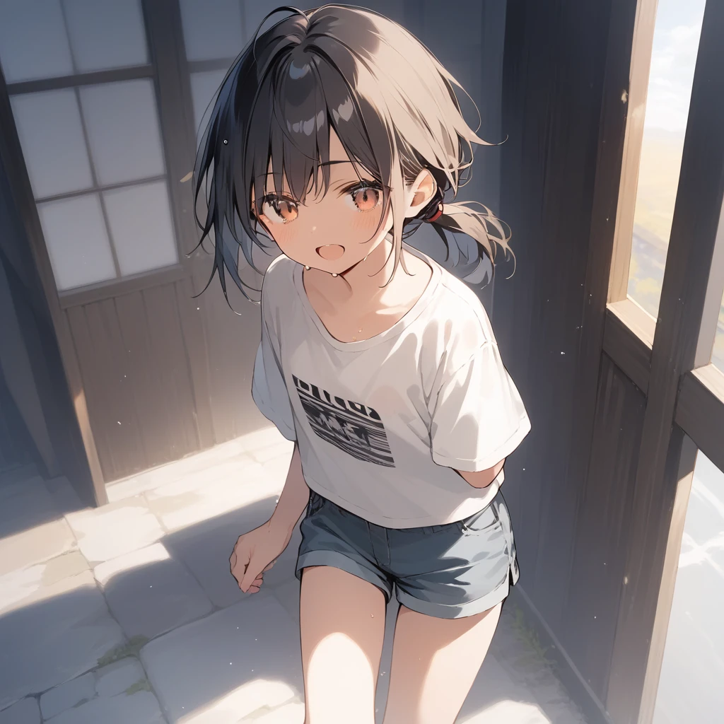 score_9, score_8_up, score_7_up, source_anime, best quality, masterpiece, official art, absurdres, highres, ultra-detailed,waifu2x,Collection: Slice of Life,break,1girl, tomboy, dark-skinned female, short hair, low ponytail, flat chest, beautiful detailed eyes, short shorts, sweat, open mouth, (yawn:0.3), sleepily, outdoors, wind,break,(clear line illustration:1.2), super detailed skin,very high resolution, very aesthetic, Best sexual lighting powered by famous artist, 8k,cute picture,beauty illustration,photoshop_(medium),,(Detailed Lighting),best anime 8k konachan wallpaper, pixiv contest winner,