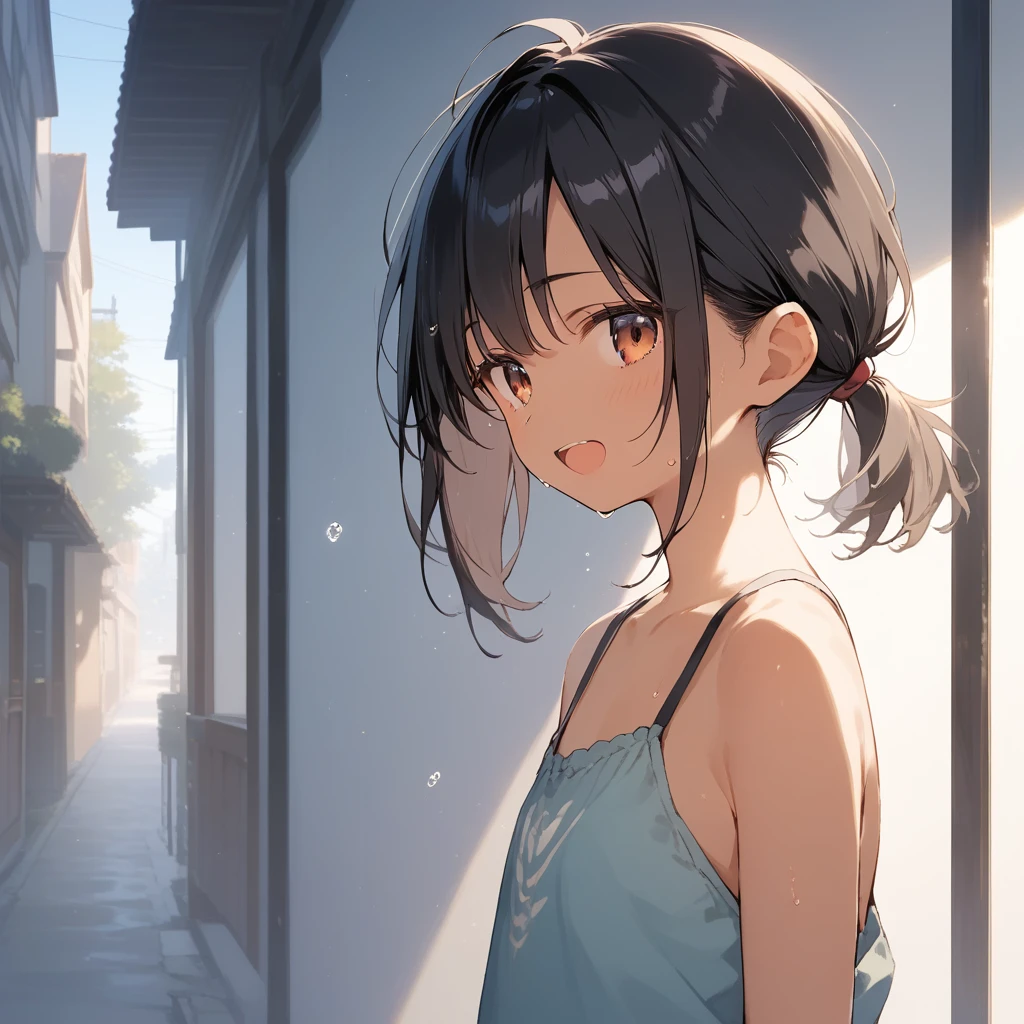 score_9, score_8_up, score_7_up, source_anime, best quality, masterpiece, official art, absurdres, highres, ultra-detailed,waifu2x,Collection: Slice of Life,break,1girl, tomboy, dark-skinned female, short hair, low ponytail, flat chest, beautiful detailed eyes, short shorts, sweat, open mouth, (yawn:0.3), sleepily, outdoors, wind,break,(clear line illustration:1.2), super detailed skin,very high resolution, very aesthetic, Best sexual lighting powered by famous artist, 8k,cute picture,beauty illustration,photoshop_(medium),,(Detailed Lighting),best anime 8k konachan wallpaper, pixiv contest winner,