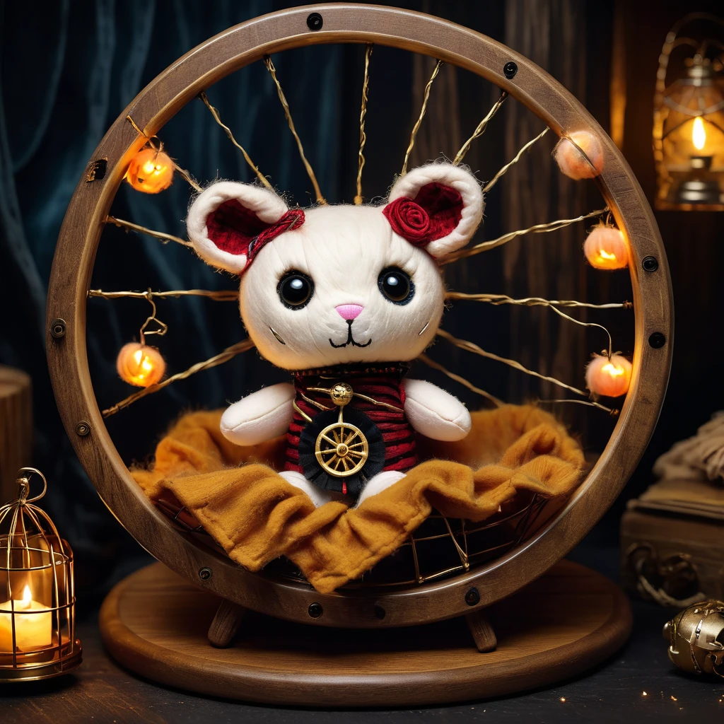 (knitted toy voodoo doll:1.7), (Voodoo Hamster in Wheel:1.3), (Clothing: dark fur with glowing gold streaks:1.0), (Accessories: enchanted cursed wheel, glowing ethereal bedding, mystical haunted cage:1.2), (background: eerie cage with floating, glowing shavings and faint squeaks:1.2), best quality, masterpiece, detailed soft oil painting, detailed background, dramatic cinematic lighting, soft edge lighting, professional, dramatic lighting, hard edge lighting, ultra quality, 4k, masterpiece, best quality, 8k, ultra high definition, high resolution, extremely detailed