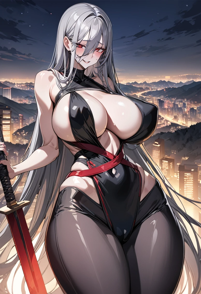 Best Quality, 8k, High resolution, high quality, masterpiece, Beautiful, (Anatomically correct:1.2), A beautiful woman, 20th Generation, Silky gray hair, Straight Long, long bangs that hide one eye, Red eyes, Beautiful Skin, Tall and toned body, pointy big breasts, Black kunoichi costume, Carrying a sword on your back, valley,  Model pose, night, skyscraper, evil grin, face focus,