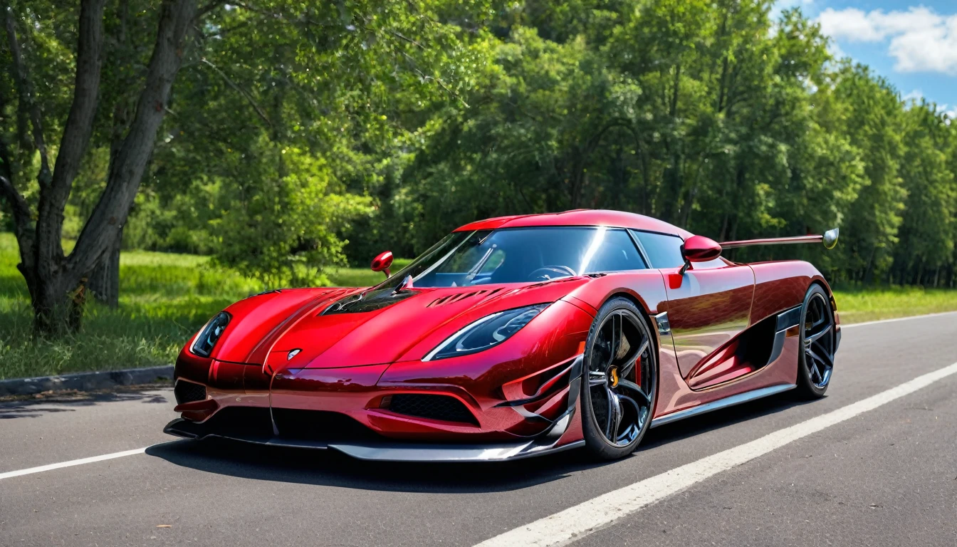 ((A realistic photo of a koenigsegg hyper Car)),cherry red color with chrome mag wheels, parked at a race trac on a summers day, best quality, very hi definition, 8k, curvy bikini Girls standing next to the car, (fine detail,)