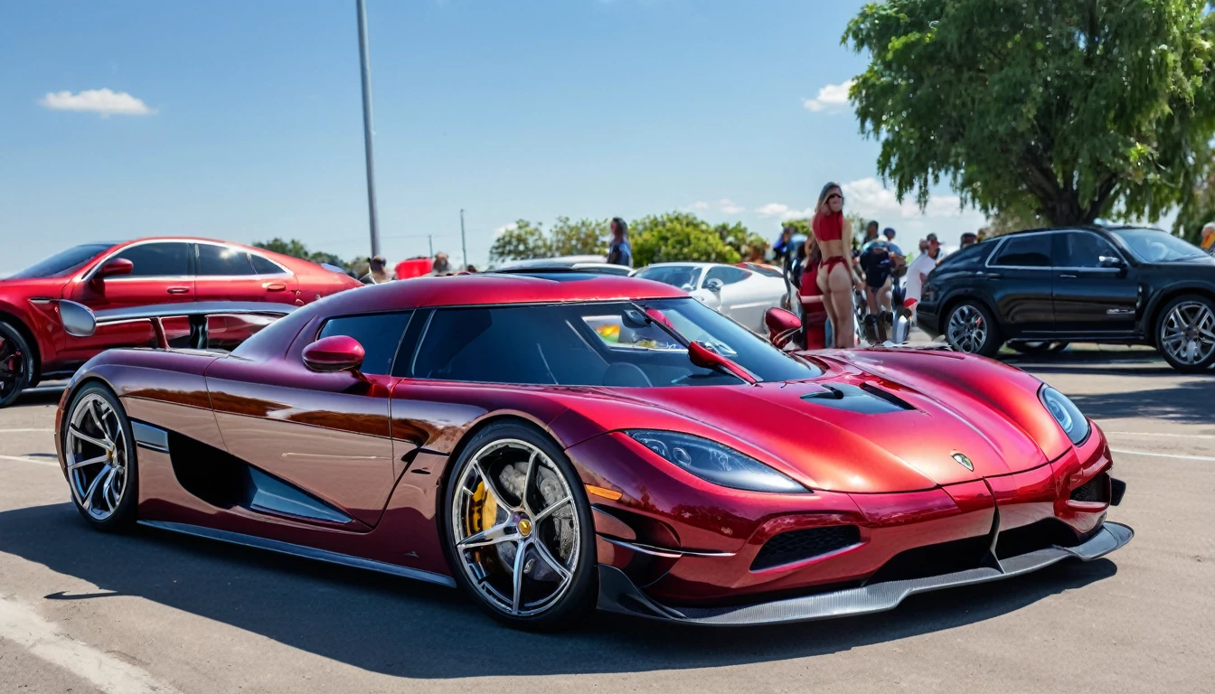 ((A realistic photo of a koenigsegg hyper Car)),cherry red color with chrome mag wheels, parked at a race trac on a summers day, best quality, very hi definition, 8k, curvy bikini Girls standing next to the car, (fine detail,)