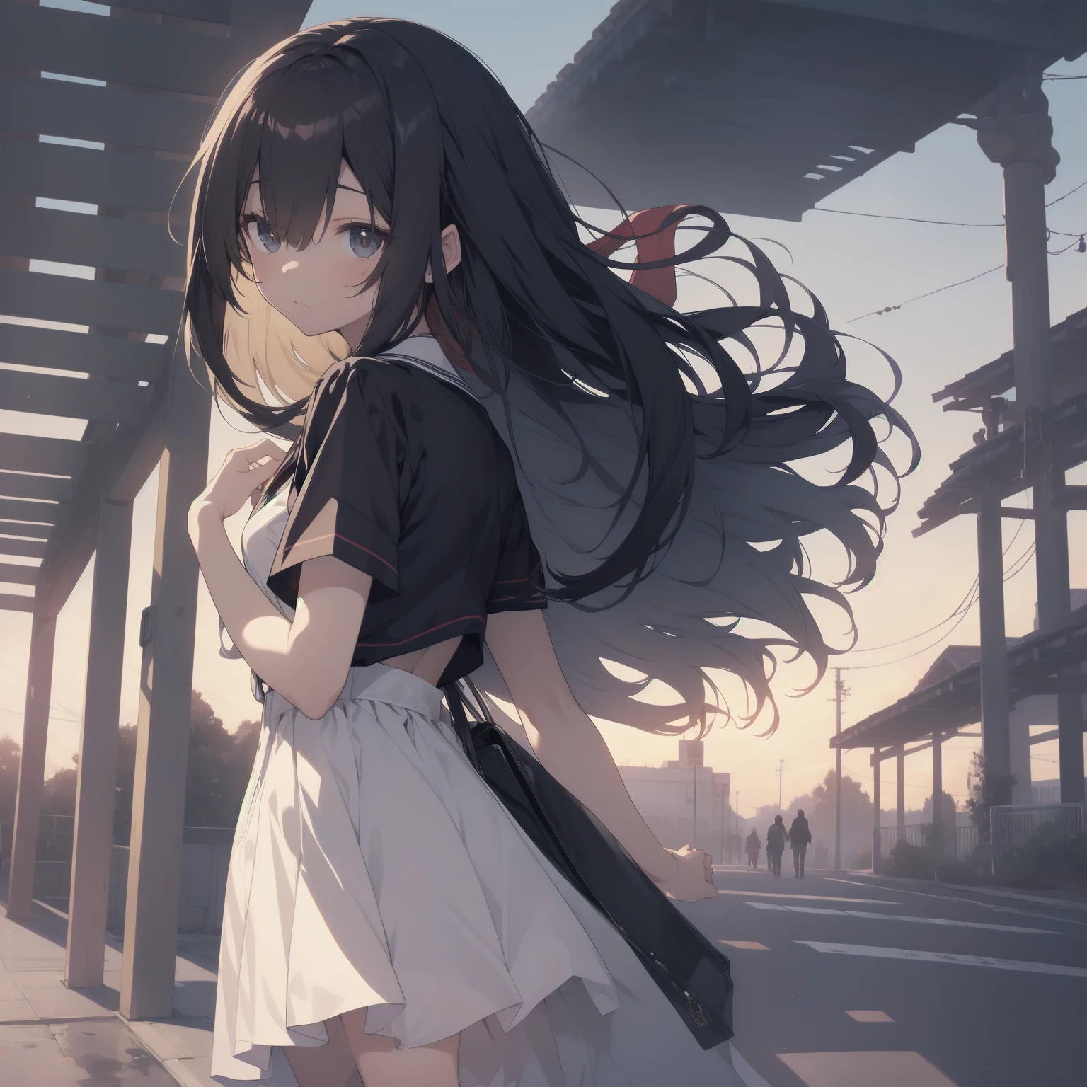 ultra-absurdres-Top quality by artist God, ultra-detailed, high resolution, anime moe artstyle, best anime 8k konachan wallpaper, pixiv contest winner, pool:2810, perfect anatomy,break, 1girl, (Please draw a girl walking sleepily to school alone. )break,(Solo,little female, 13-year-old:1.3),Full limbs, complete fingers,a junior high school student, (very short hair), short cut, flat chest, , small butt, small black eyes, beautiful detailed eyes, well-proportioned iris and pupils, expressive eyes, highres detailed hair, soft expression, salor school_uniform, sailor collar, serahuku, bow, pleated skirt,(Detailed Lighting), (Detailed background), in the School commute route. break,super detailed skin, Best cinematic lighting powered by famous artist, 8k,beauty illustration,photoshop_(medium),very aesthetic,break,((artist:yuuhagi_(amaretto-no-natsu) )), artist:clamp ,artist:carnelian ,artist:kantoku ,