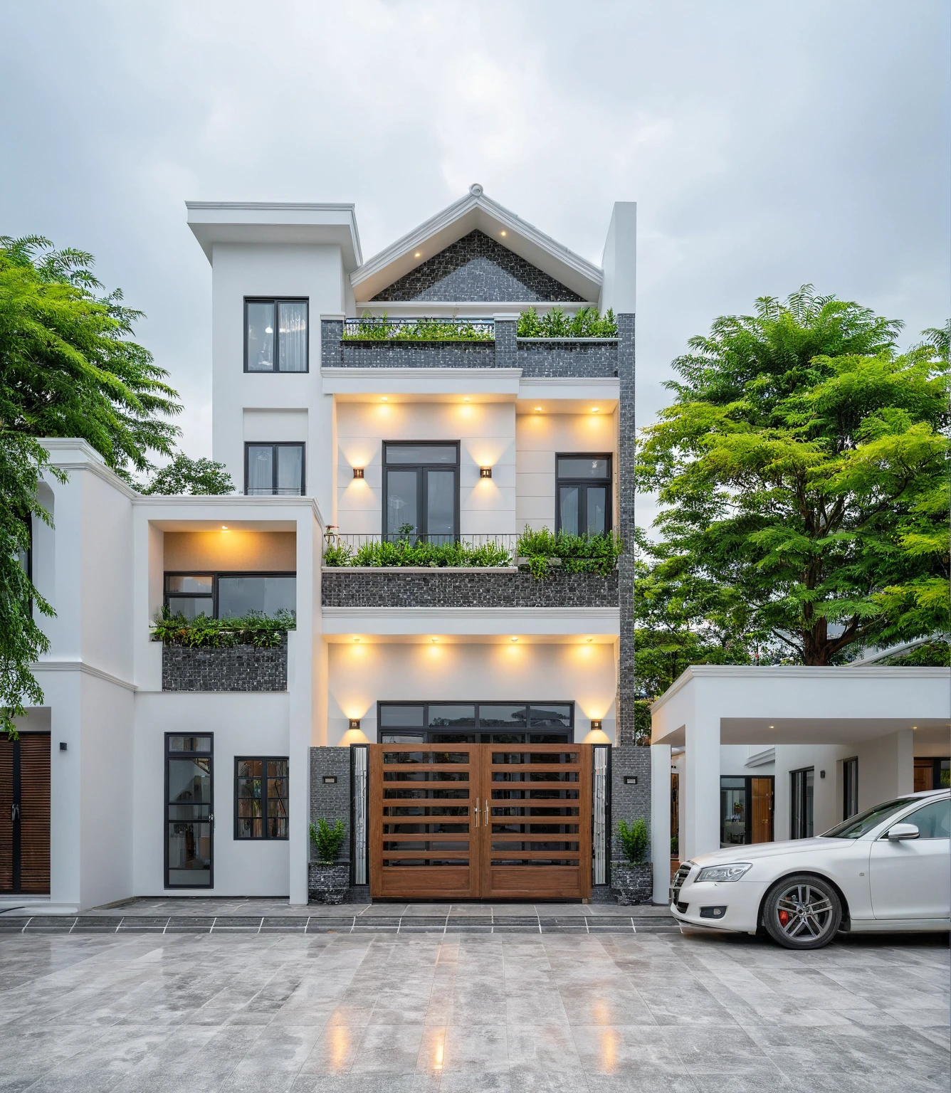 (bright image), A double story modern style house in the middle of Vietnam, (dark grnite tiled wall),(classic detail), simple and elegant architecture with white walls on top half and grey tiles roof, large windows with, entrance door is white with arched shape, bonsai trees, wide tile stone courtyard, professional photography, daylight, natural light, high resolution photography, (best quality, ultra realistic, masterpiece:1.15)