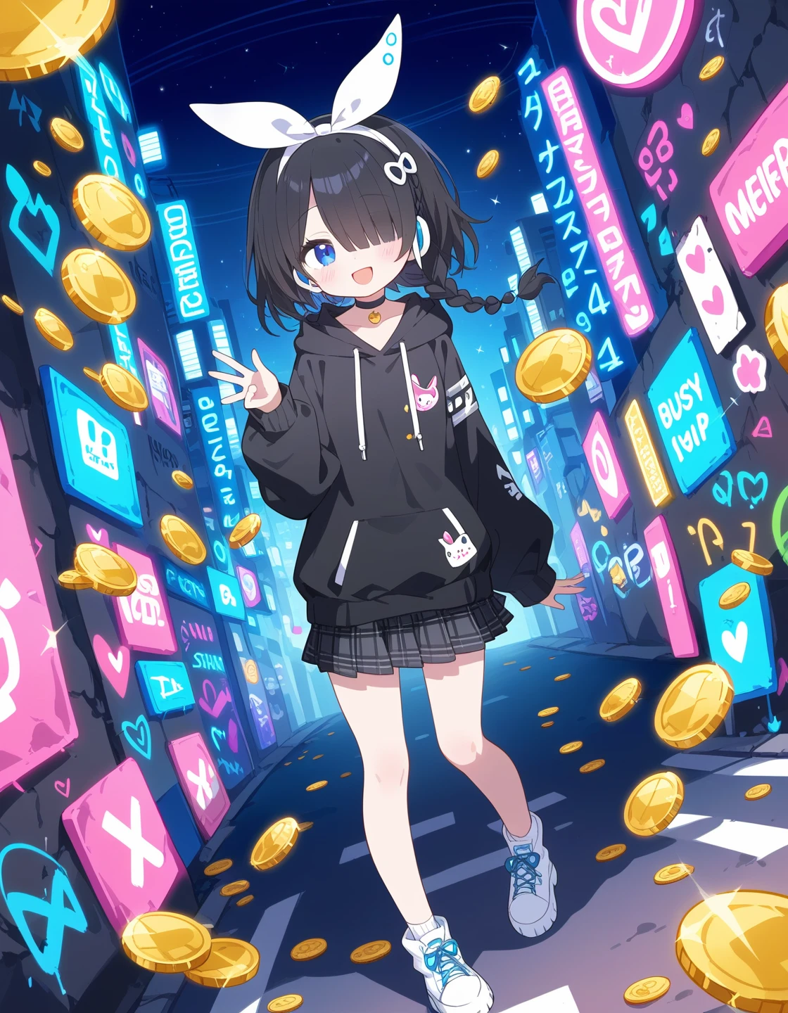 best quality, coins, wonderland, wind, dynamic angle, looking at viewer, kawaii, promotional art, standing score_9, score_8_up, score_7_up,1girl, :d, dark skin, blue eyes, black hair, braid, choker, hair over one eye, hairband, long sleeves, looking at viewer, open mouth, black hoodie, skirt, headset, smile, listening to music, solo, white hairband, black skirt, busy futuristic street, night, graffiti on wall, full body picture.