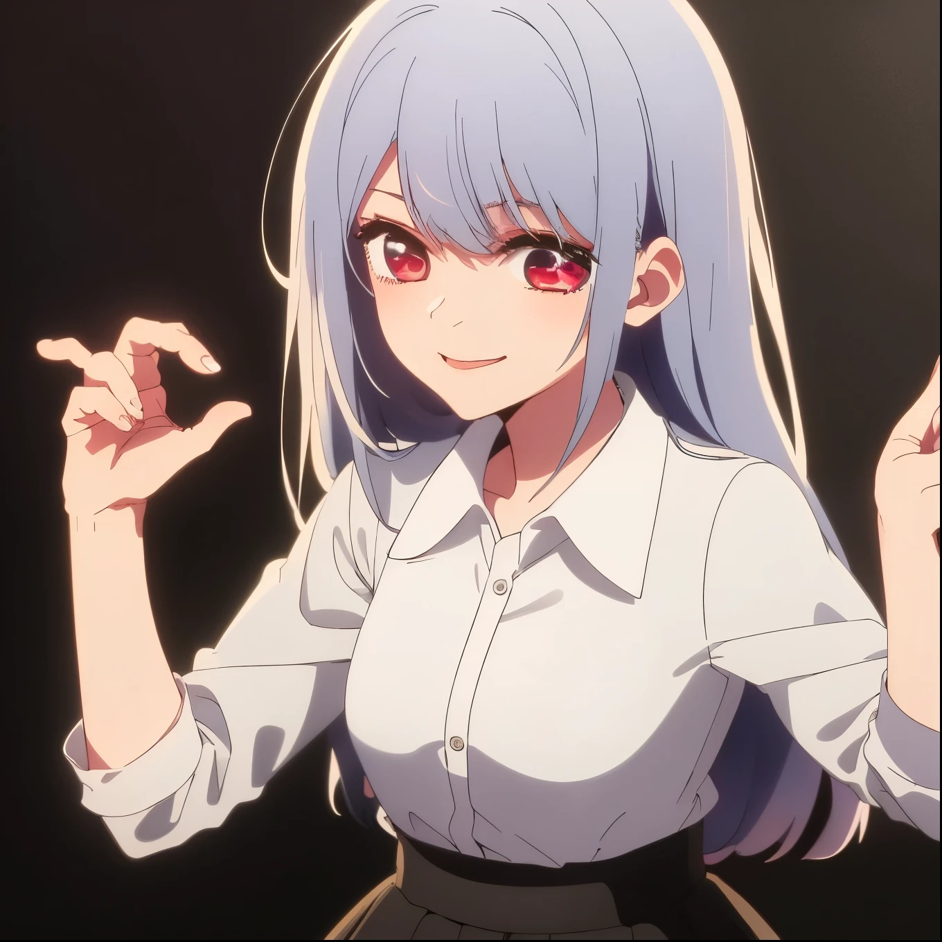 ((masterpiece, best quality)), (1girl), (solo), (female focus), (white hair, long hair), (red eyes), light smile, closed mouth, ((white shirt), (buttoned shirt), ((black skirt), (short skirt)), standing, white background, dynamic angle, 25 year old woman