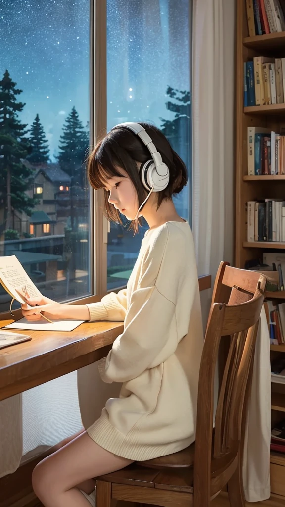 「Lofi Girl」in Studio Ghibli style、Please draw an illustration in a night setting.。Lofi Girl sits at a wooden desk、He is reading a book by the window with white headphones on his head.。she、Simple dresses and sweaters、They are wearing comfortable, casual clothing reminiscent of Ghibli characters.。Outside the window、The night view is expanding。