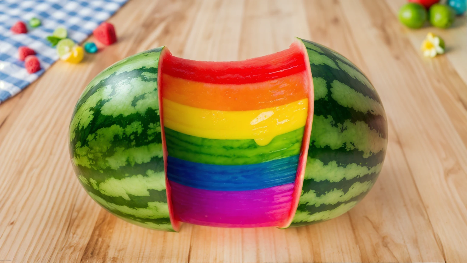 on a wooden table, Watermelon divided into two parts, Rainbow cream flows out of watermelon rind, bright lighting, Realistic style , realistic texture, detailed texture, a high resolution, high quality, macro photography 