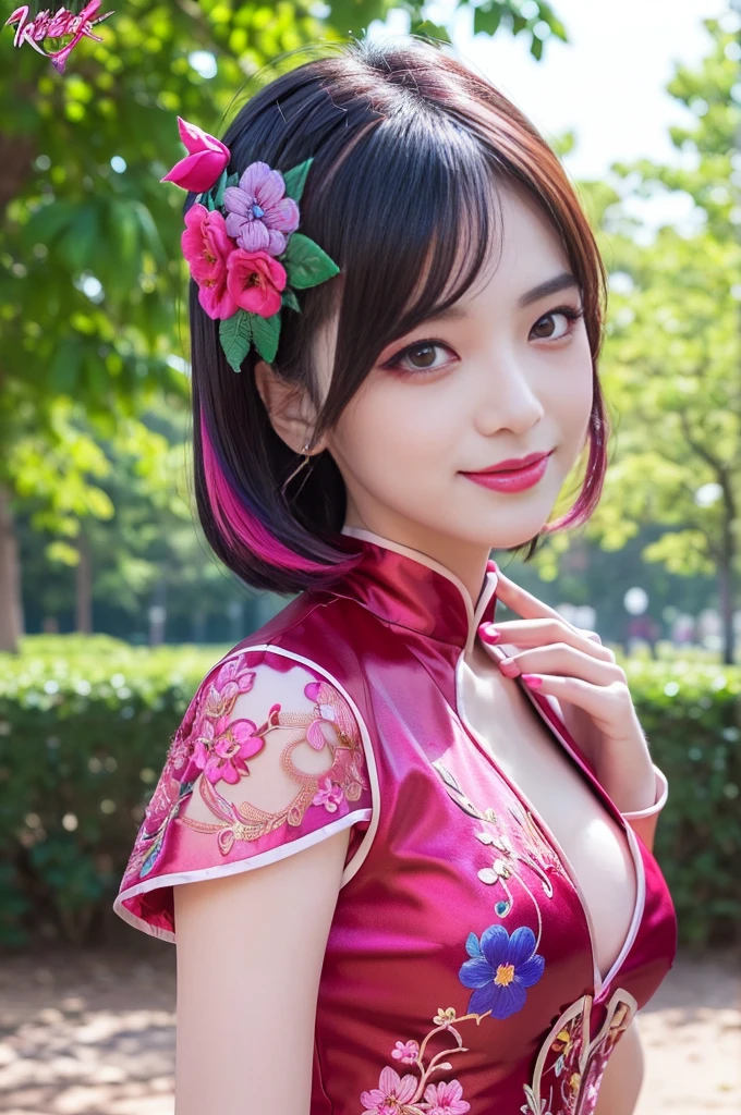 (masterpiece:1.4), (best quality:1.4), ultra high res, ultra high resolution, ((detailed facial features)), HDR, (realistic, photorealistic, photo-realistic:1.37), full body Esbian, sexy Japanese model, (-anime), only 1 model, vivid colors, ((vivid colors multicolor (fuchsia, pink, light blue, purple) very short hair)), (happy smile), lip-gloss, long lashes, ultra detailed makeup, defined eyebrows, wearing a red silk Paradise Kiss cosplay dress with black floral embroidery, ((vivid colors outfit)), vivid colors, look at the camera, cinematic light, large park background with trees, sweet and sexy pose