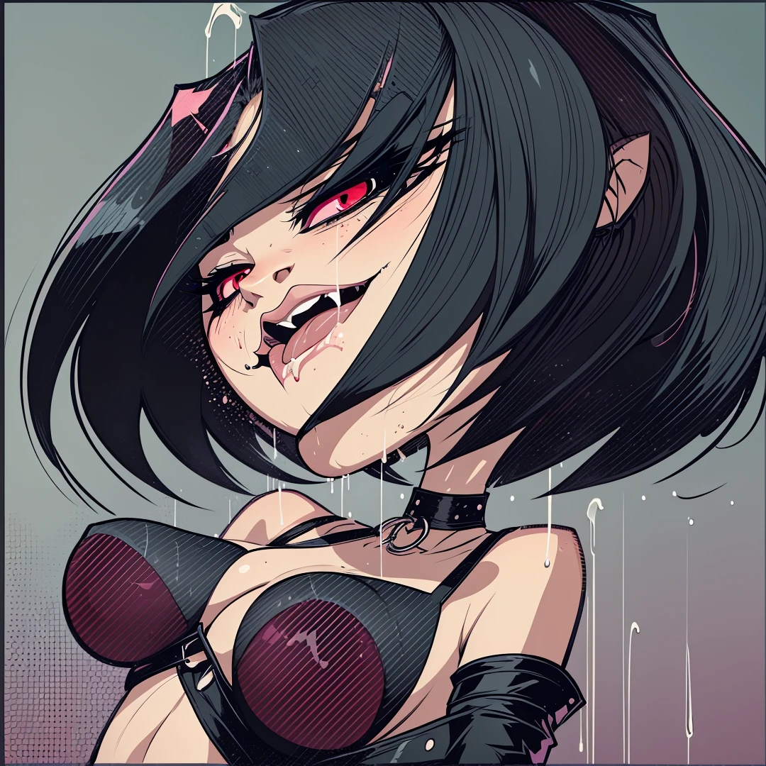 Beauty gothic girl night black Blouse v-neckline, leather skirt, thights, Wide legs Small waist, wide big hips, model pose, only two Arms With a red bow making an ahegao face with Crossed eyes and Tongue out with drool drops, with bigtits and stimulating a huge penis between her breasts