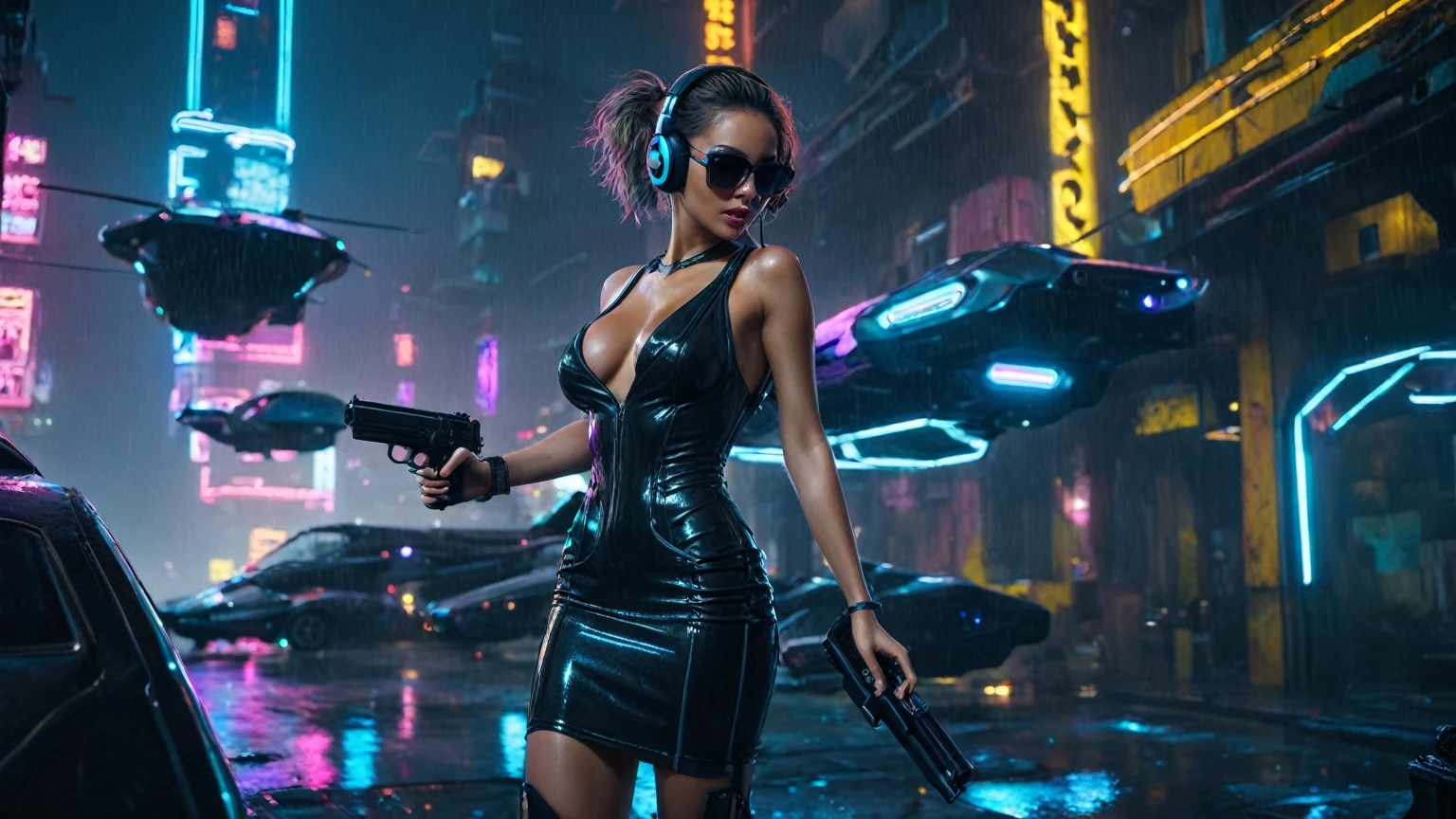 (aerial view, a flying cars docking platform, a very dark abandoned futuristic city, neon lights), rainy night. (((1girl, solo, alone))), large-breast:1.2 slim body, cleavage:1.1, sexy wind blowing wet dress:1.4, (((headphone, black sunglasses, standing and holding pistol:1.8, dynamic rushing pose))), (((((half-body thigh level medium shot))))), cinematic lighting, lens flare, ray tracing.