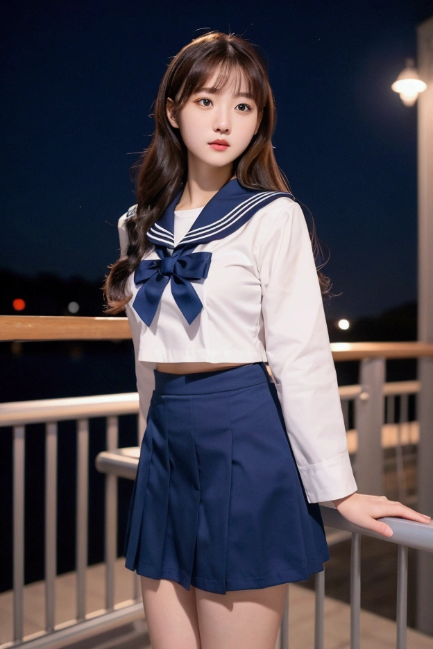 Photos to be used on the poster, Upscaling, Ultra HD, Normal photography, Medium Shot, 55mm, A 20-year-old woman wearing a realistic sailor uniform, Notchika, night,mini skirt,whole body,sexy,