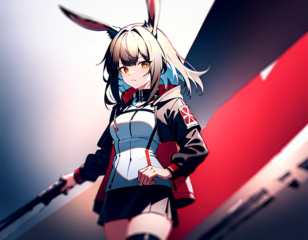 
Arknights, Amiya standing in the middle of the battle field, cinematic, high resolution, red-fiery background, best quality, masterpiece, detail, 1 girl, brown eyes, long dark brown pony style hair, long pointy bunny ears, long sleeves black hoodie leather jacket, white cardigan with short dark blue skirt, black stocking with brown-ish light.