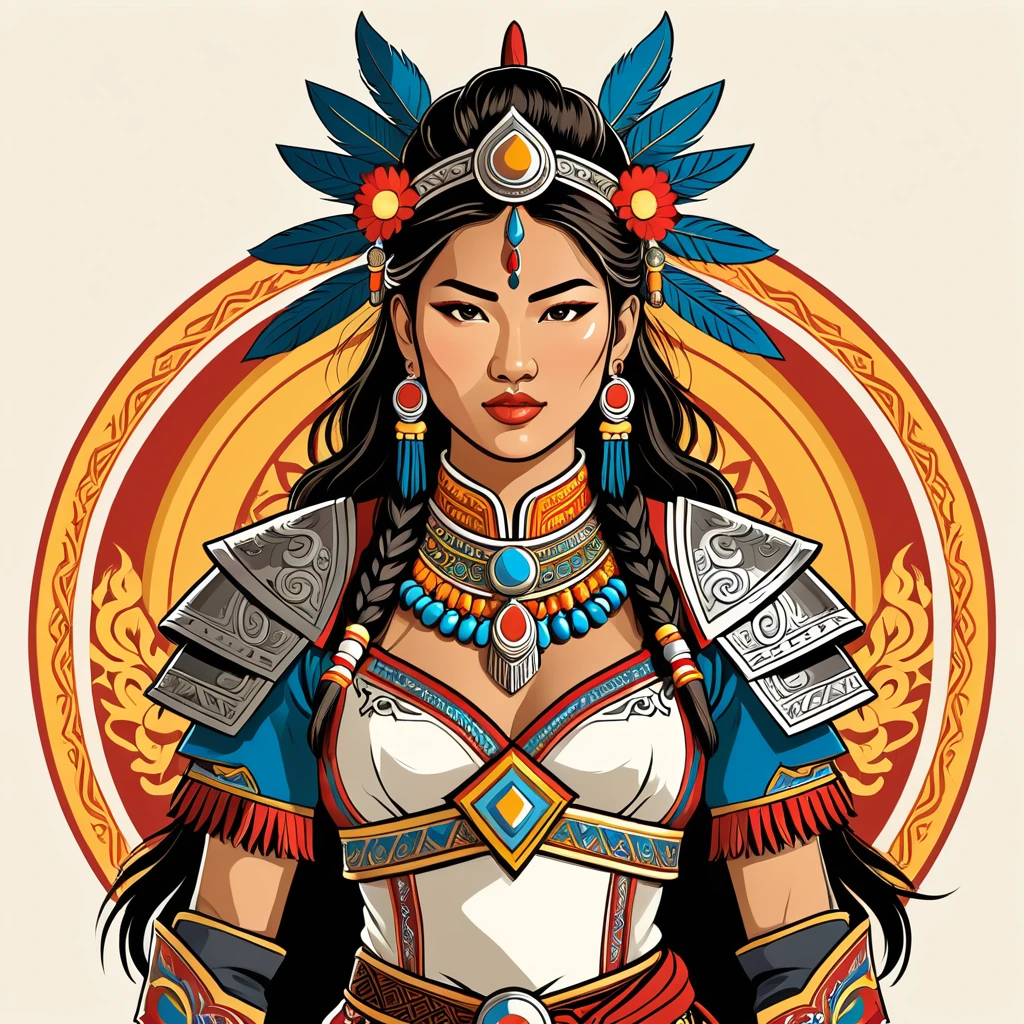 south american amazon female warrior in mongolian folk outfit, vector graphics, strong contours