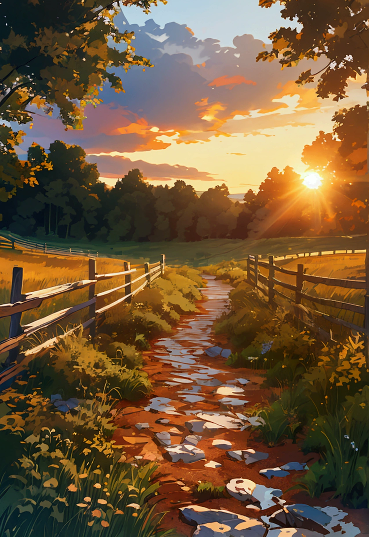 Please draw a landscape of pastureland. The meadow is lined with detailed wooden fences and the road is a textured stone path. Dappled light falls through the leaves, and the sun shining through the trees creates beautiful patterns on the ground. The sky is tinted with brilliant sunset hues, spreading warm sunset colors.
Gentle waves lapping at the shore and misty morning fog drifts in the air. glossy ceramic cups are placed on wooden tables, the tables are solid wood with a visible grain of detail. The table is decorated with polished wooden tables with a solid wood grain.
The style is 50% anime style, 70% realistic details, and the overall color palette is warm palette with vivid colors. In addition, add empasize intricate textures, highlight facial features, and enhance background details.