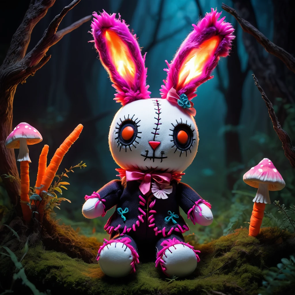 (knitted toy voodoo doll:1.7), (Voodoo Hare in Clearing:1.3), (Clothing: dark fur with glowing pink accents:1.0), (Accessories: enchanted cursed carrot, glowing ethereal ears, mystical haunted clearing:1.2), (background: eerie clearing with floating, glowing mushrooms and soft rustling:1.2), best quality, masterpiece, detailed soft oil painting, detailed background, dramatic cinematic lighting, soft edge lighting, professional, dramatic lighting, hard edge lighting, ultra quality, 4k, masterpiece, best quality, 8k, ultra high definition, high resolution, extremely detailed
