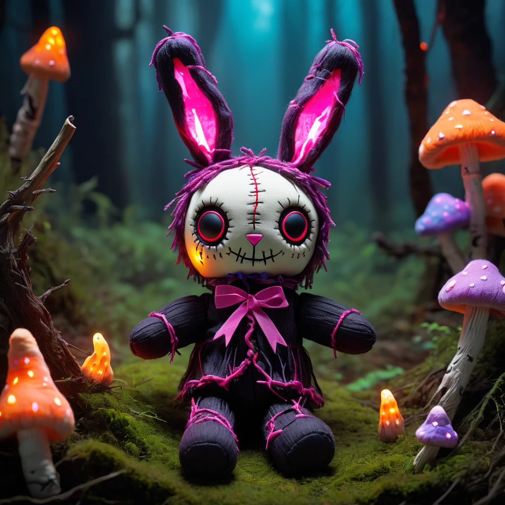 (knitted toy voodoo doll:1.7), (Voodoo Hare in Clearing:1.3), (Clothing: dark fur with glowing pink accents:1.0), (Accessories: enchanted cursed carrot, glowing ethereal ears, mystical haunted clearing:1.2), (background: eerie clearing with floating, glowing mushrooms and soft rustling:1.2), best quality, masterpiece, detailed soft oil painting, detailed background, dramatic cinematic lighting, soft edge lighting, professional, dramatic lighting, hard edge lighting, ultra quality, 4k, masterpiece, best quality, 8k, ultra high definition, high resolution, extremely detailed
