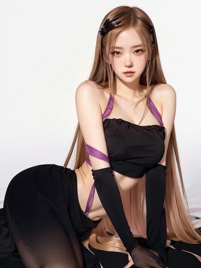 anime girl sitting on a bed with her hands on the bed, Nezuko, Nezuko-chan, ilya kuvshinov con pelo largo, seductive anime girl, anime woman, anime girl with long hair., seductive portrait of tifa lockhart, beautiful alluring anime woman, anime girl in a black dress, Hinata Hyuga, purple bows that surround her arms and end at her hip, blonde