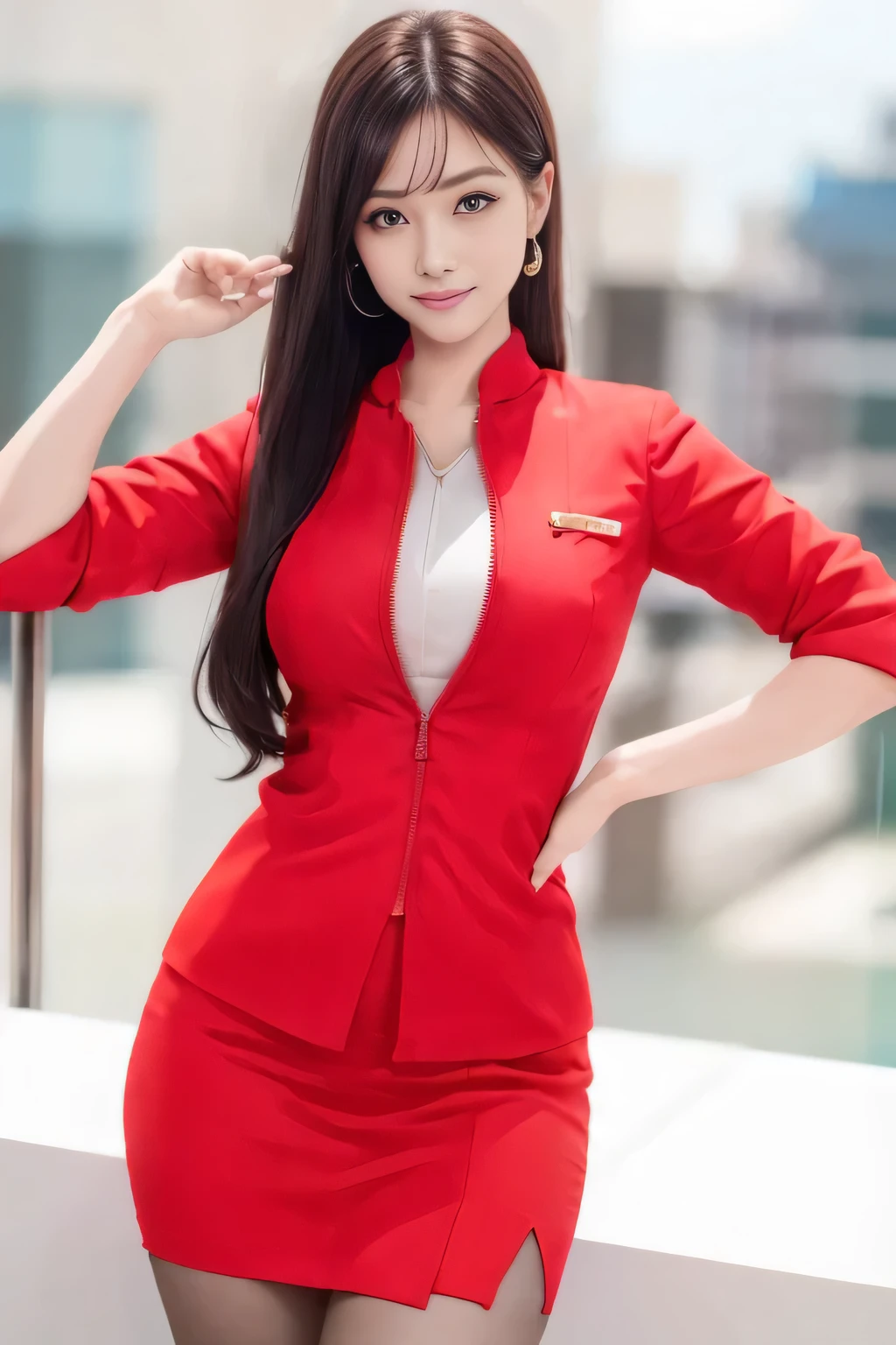 (masterpiece:1.2, Highest quality:1.2), 32k HDR, High resolution, (alone, 1 Girl), （AirAsia stewardess uniform realistic style）, A proper woman, Beautiful Face, Brown Hair, (Long hair down to the legs), (Red jacket:1.1, Unzipped jacket, Unbuttoned white shirt:1.05, Red mini skirt:1.1, pantyhose),（Showing big  through cleavage in unbuttoned white shirt）、（long hair that reaches down to the legs）、Perfect slim body:1.1, Huge breasts, huge breasts cleavage, Detailed skin texture, Beautiful Eyes, (Attractive look:1.2), necklace、Earrings、(forward leaning posture:1.5）, On the roof of a building, Rooftop at daytime,Blue eyes、Hands should be lowered