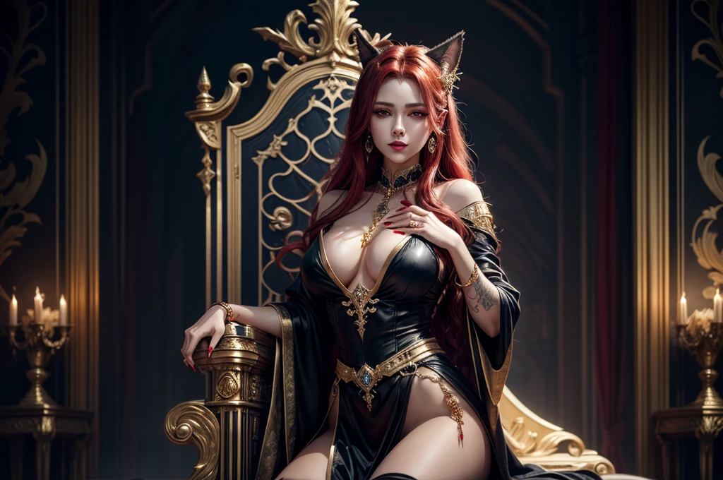 In the dark castle throne room on the huge royal throne in seductive pose siting beatiful demon queen, She have beautiful face with pink eyes rakr eye shadows and dark lipstick sexy make up, golden ring shape earrings on her ponty ears. she have long gorgeous bloody red hair.. dressed in majestic sexy black royal robe with golden metal parts, also she have tattoo all over her body her hands have lonf beautiful nails, (ultra high quality fantasy art, ghothic dark fantasy style, masterpiece, ultra high quality character design, 8k quality anime art, realistic anime art, top quality wallpaper illustration, detailed ultra high quality accurate face, high quality design and accurate physic)