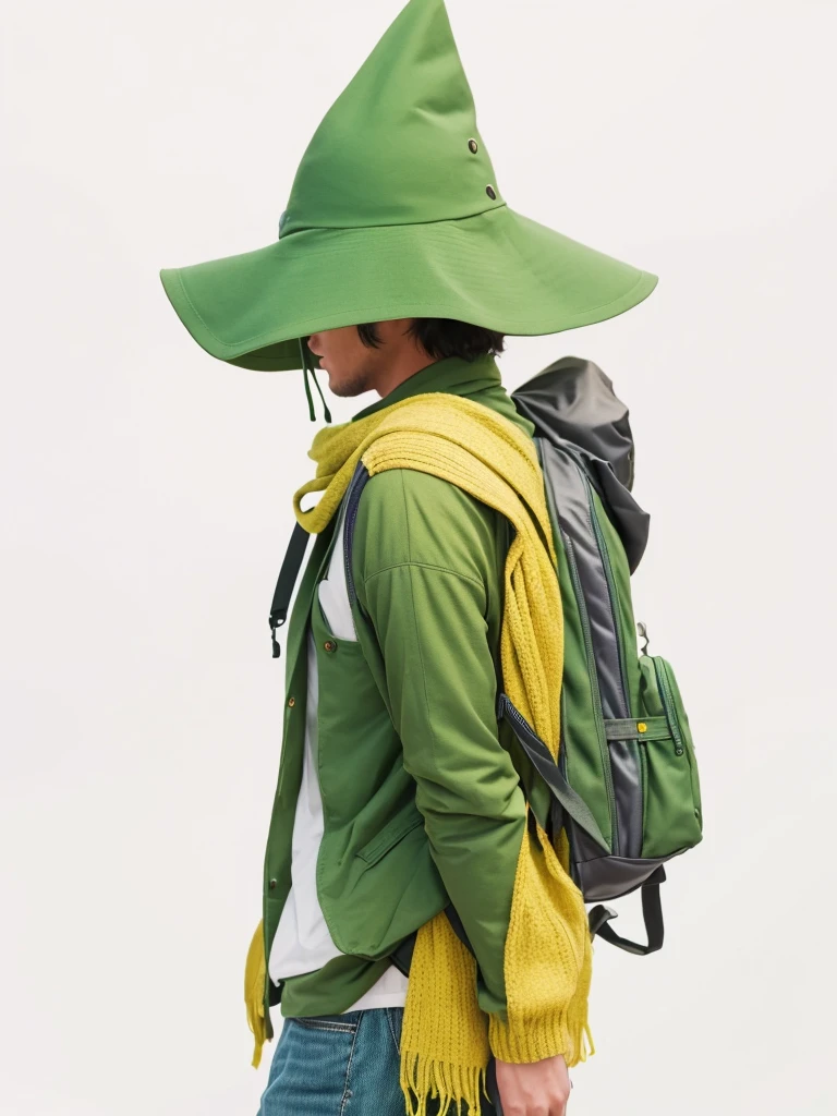 Green tricorn hat、Guitar and backpack on his back、Green clothes and yellow-green scarf、Cool adult man、Facing forward