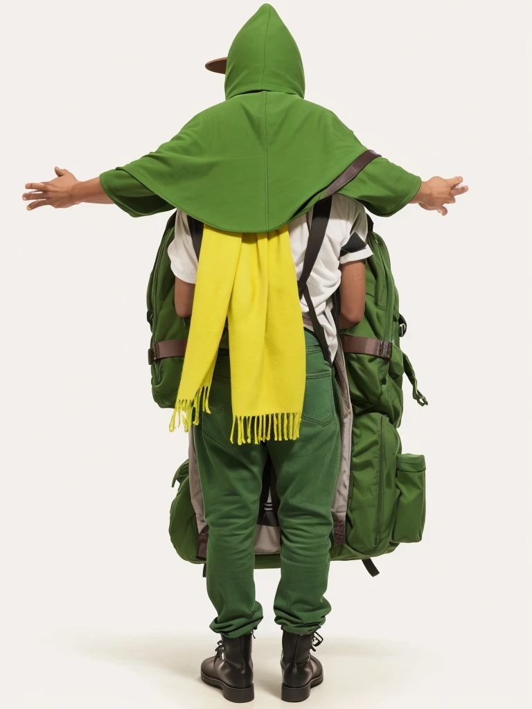 Green tricorn hat、Guitar and backpack on his back、Green clothes and yellow-green scarf、Cool adult man、Facing forward