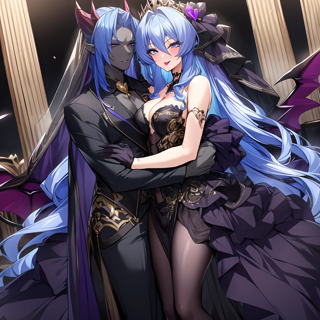 ((Highest quality)), ((masterpiece)), (detailed), (Perfect Face)、The woman is hugging and kissing the great evil demon king man、The woman is a beautiful, jet-black female demon, the queen of evil, Devil Extia, with medium-long blue hair, wearing a luxurious black wedding dress with gold embroidery and trim, a black wedding veil, an engagement ring, luxurious accessories, lipstick and makeup, and an elegant, beautiful female demon, the Demon Queen.、A great demon with jet black skin, evil devil horns, devil wings and a devil tail.、The woman looks happy、The man is a great and powerful demon king, favored by the majestic demons.