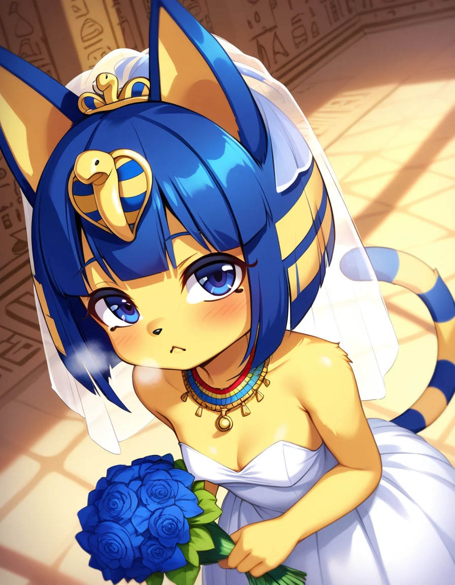 [isaCrossing], [Isabelle; Animal Crossing], [Uploaded to e621.net; (Pixelsketcher)], kemono, dagasi, solo female ankha \(animal crossing\) with ((tiny and short body with yellow fur)), (blue hair), (blue eyes), (yellow and blue striped cat tail), ((anthro furry)), (wearing cute wedding dress:1.4), (egyptian necklace), ((small breasts)), (cleavage), (detailed fluffy fur), (front view), ((standing, bird's eye view)), (bending over viewer), (heavy breathing), (kissing expression), (closed eyes), (shy), (holding a bouquet of blue flowers), (detailed background, egyptian temple background, depth of field, half body shadow, sunlight, ambient light on the body), (intricate:1), (high detail:1.3), (unreal engine:1.2), (soft focus:1.15), [explicit content, questionable content], (masterpiece, best quality, 4k, 2k, shaded, absurd res)