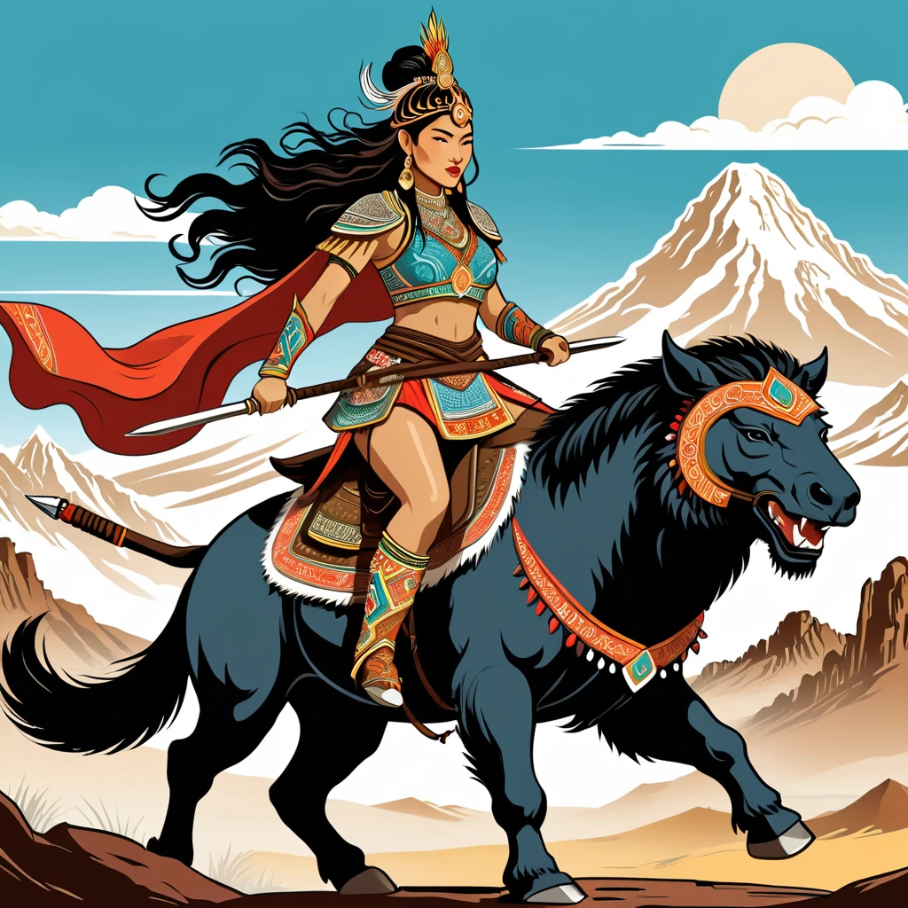 south american amazon female warrior in mongolian folk outfit, riding a beast, vector graphics, strong contours
