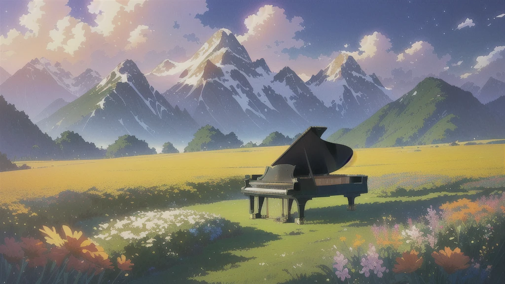 There is a piano in a field with flowers and mountains in the background, Official Artwork, ( ( Makoto Shinkai ) ), Lofi Artstyle, Atei Gailan Style, Full Piano, Beautiful peaceful scene in anime, Official Fan Art, Lofi Art, lofi album art, studio glibly Makoto Shinkai, Official Art
