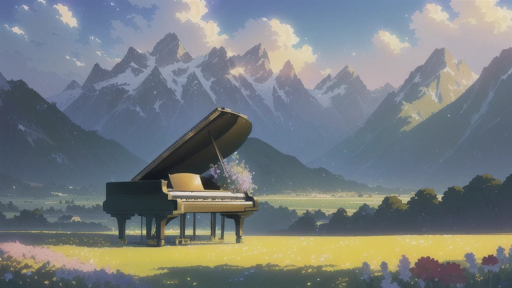 There is a piano in a field with flowers and mountains in the background, Official Artwork, ( ( Makoto Shinkai ) ), Lofi Artstyle, Atei Gailan Style, Full Piano, Beautiful peaceful scene in anime, Official Fan Art, Lofi Art, lofi album art, studio glibly Makoto Shinkai, Official Art