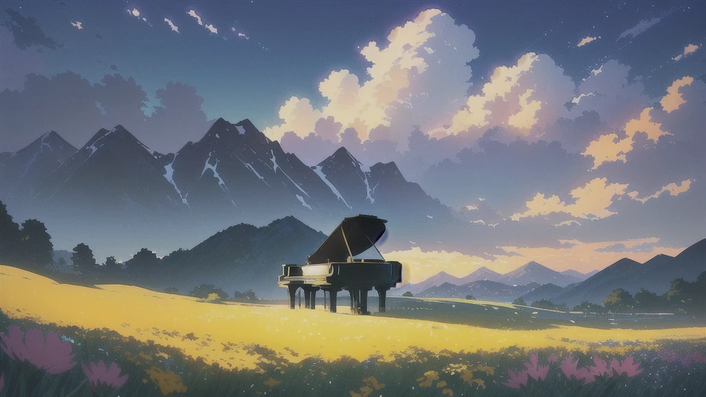 There is a pi??? in a field with flowers and mountains in the background, Official Artwork, ( ( Makoto Shinkai ) ), Lofi Artstyle, Atei Gailan Style, Full Piano, Beautiful peaceful scene in anime, Official Fan Art, Lofi Art, lofi album art, studio glibly Makoto Shinkai, Official Art
