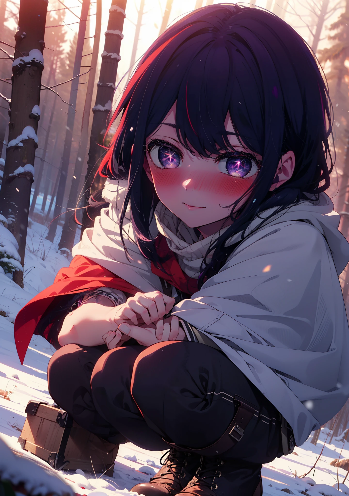 aihoshino, Ai Hoshino, Long Hair, bangs, (Purple eyes:1.1), Purple Hair, (Symbol-shaped pupil:1.5), smile,,smile,blush,white breath,
Open your mouth,snow,Ground bonfire, Outdoor, boots, snowing, From the side, wood, suitcase, Cape, Blurred, , forest, White handbag, nature, Squat, Mouth closed, Cape, winter, Written boundary depth, Black shoes, red Cape break looking at viewer, Upper Body, whole body, break Outdoor, forest, nature, break (masterpiece:1.2), Highest quality, High resolution, unity 8k wallpaper, (shape:0.8), (Beautiful and beautiful eyes:1.6), Highly detailed face, Perfect lighting, Extremely detailed CG, (Perfect hands, Perfect Anatomy),