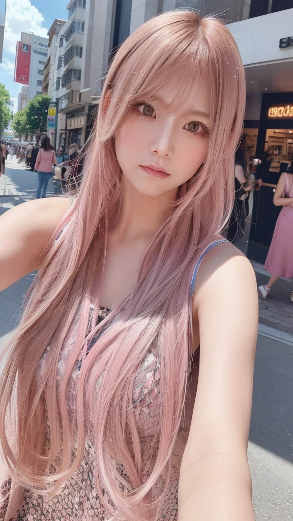 hair color: pink　model　woman　Long Hair　Sleeveless　pink clothes　diagonal　Selfie　diagonal上　Selfie　summer　highest quality, masterpiece))), High resolution, Very detailed, masterpiece, Cinema Lighting, (8k, highest quality, masterpiece: 1.2), (Realistic, photoRealistic: 1.37) High Resolution, Super detailed, 1 girl、32 years old、Street Snap、Big black eyes