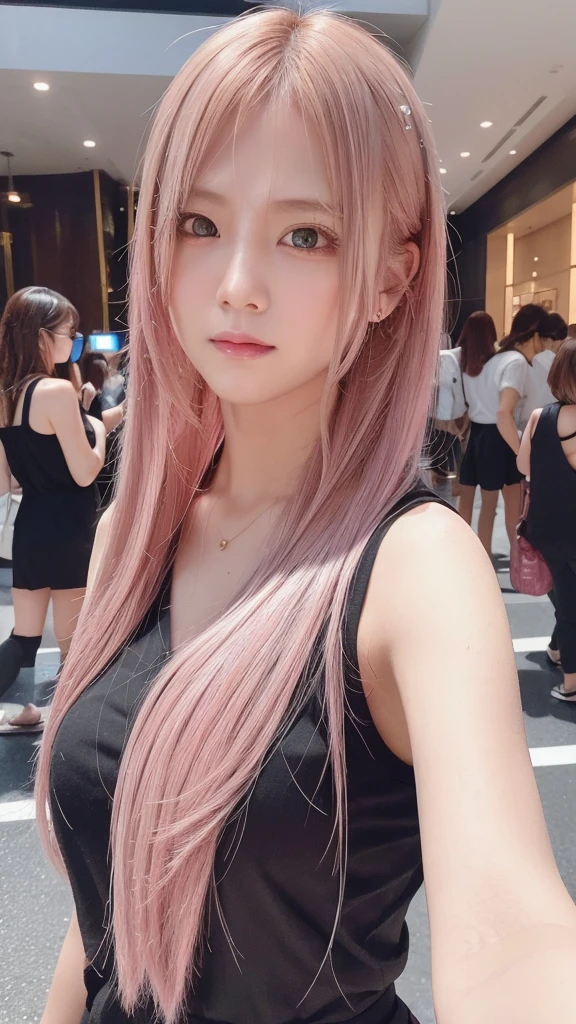 hair color: pink　model　woman　Long Hair　Sleeveless　pink clothes　diagonal　Selfie　diagonal上　Selfie　summer　highest quality, masterpiece))), High resolution, Very detailed, masterpiece, Cinema Lighting, (8k, highest quality, masterpiece: 1.2), (Realistic, photoRealistic: 1.37) High Resolution, Super detailed, 1 girl、32 years old、Street Snap、Big black eyes