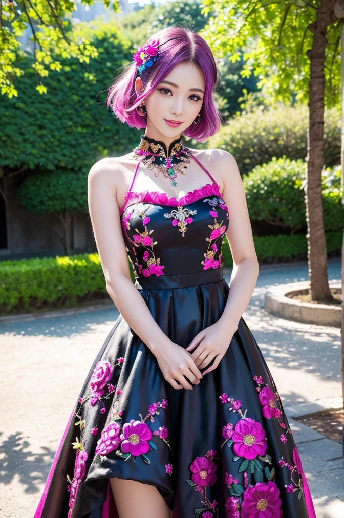 (masterpiece:1.4), (best quality:1.4), ultra high res, ultra high resolution, ((detailed facial features)), HDR, (realistic, photorealistic, photo-realistic:1.37), full body Esbian, sexy Vietnamese model, (-anime), vivid colors, ((vivid colors multicolor (pink, fuchsia, purple) very short hair)), (happy smile), lip-gloss, long lashes, ultra detailed metallic makeup, defined eyebrows, wearing large sparkling colorful jewelery, wearing a red silk Paradise Kiss cosplay dress with black floral embroidery, ((vivid colors outfit)), vivid colors, look at the camera, cinematic light, large park background with trees, sweet and sexy pose