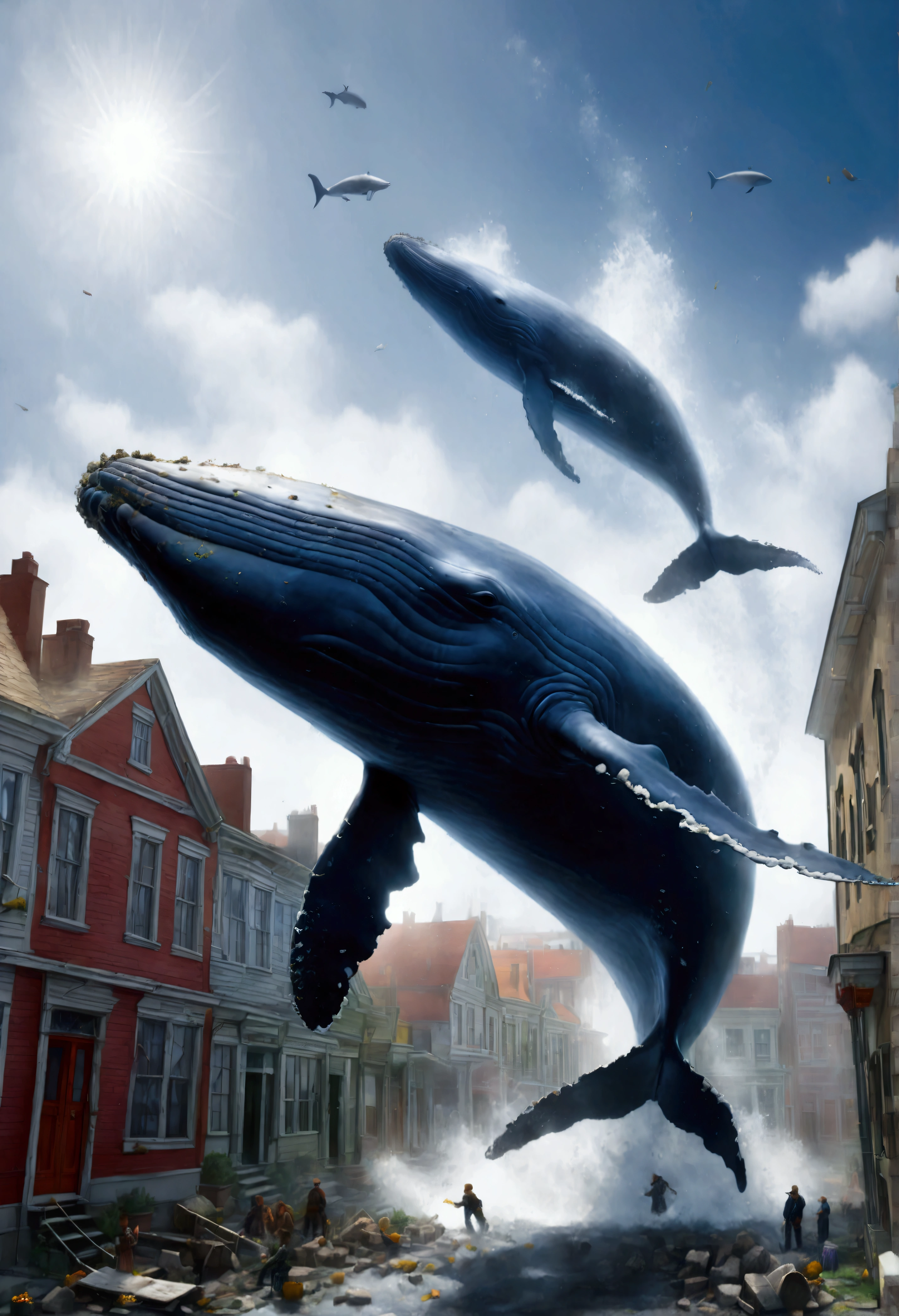 quality\(8k,wallpaper of extremely detailed CG unit, ​masterpiece,hight resolution,top-quality,top-quality real texture skin,hyper realisitic,increase the resolution,RAW photos,best qualtiy,highly detailed,the wallpaper,cinematic lighting,ray trace,golden ratio\), BREAK ,1whale\((whale\(realistic,white\):1.5),(flying high in the air\(over the town\):1.8),(huge:1.5),(white:1.3), evil, horrible,mouth open,big scars, attacking the town\(old American town, (crashed,broken,crashed,rubble:1.4)\), comming toward viewer,dynamic pose, dynamic action\), BREAK ,1man\(Captain Ahab,holding large harpoon,1prosthetic leg,from back,standing\), BREAK ,background\(old American town\((broken,destroyed,crashed,rubble:1.6)\)\),(dynamic angle:1.5),close up whale,[shark:2.0]